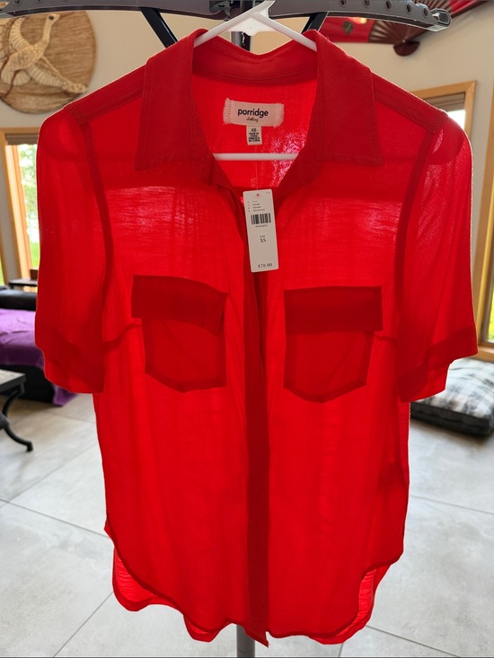 Porridge Tops - NWT Anthropologie Porridge Short Sleeve Shirt in Bright Orange Red - size XS